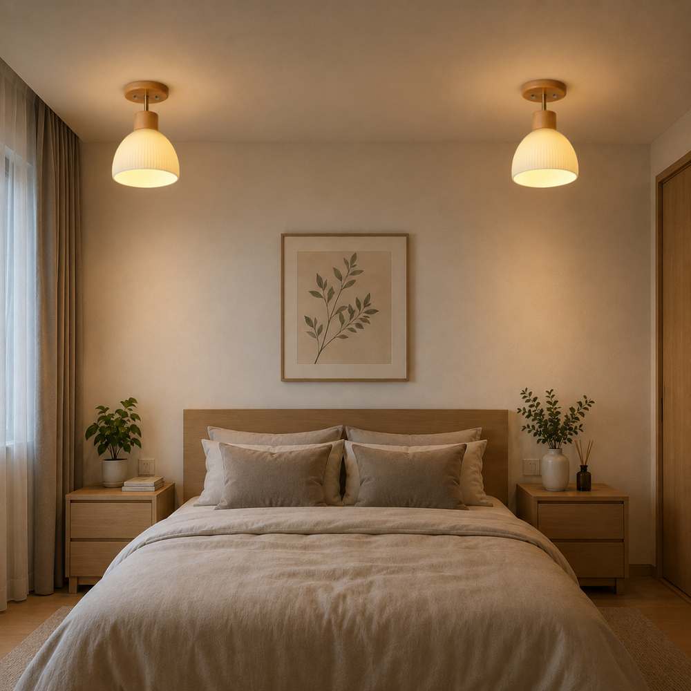 Lampa sufitowa z nordyckiego drewna i szklanych pasków