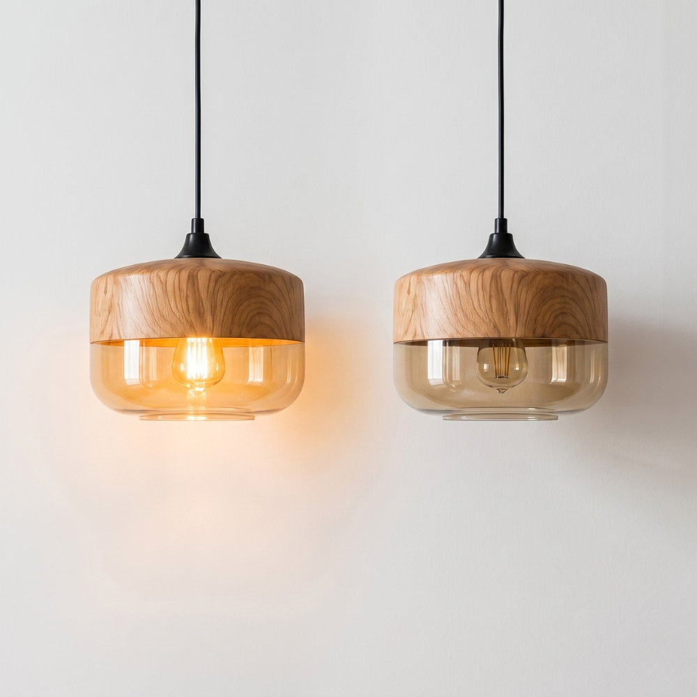 Lampa wisząca z drewna i szkła w stylu skandynawskim