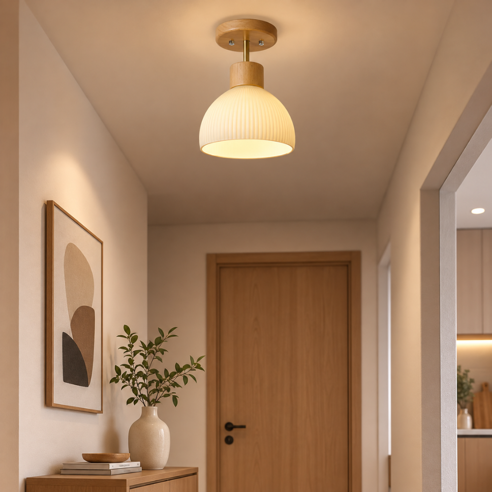 Lampa sufitowa z nordyckiego drewna i szklanych pasków