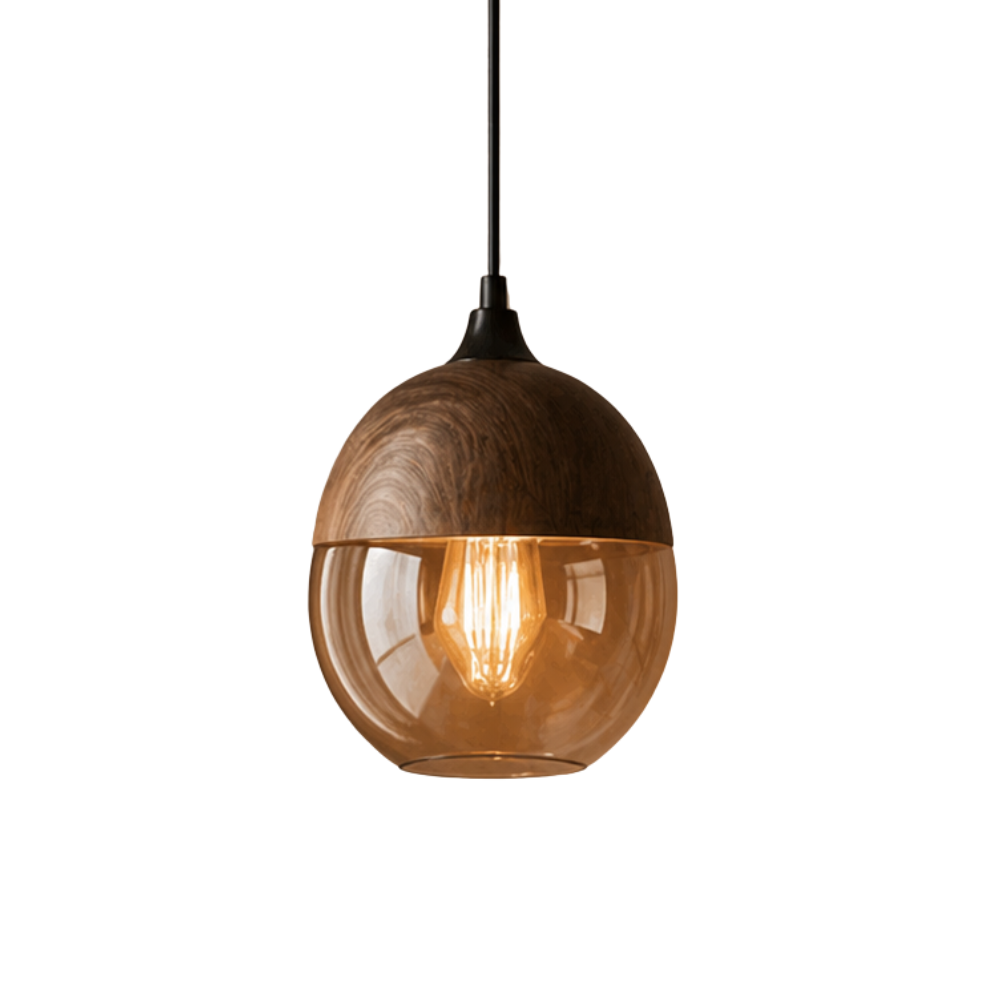 Lampa wisząca z drewna i szkła w stylu skandynawskim
