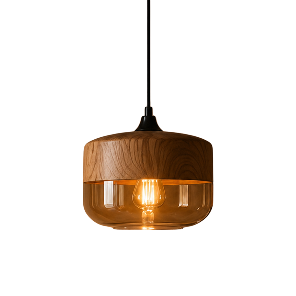 Lampa wisząca z drewna i szkła w stylu skandynawskim