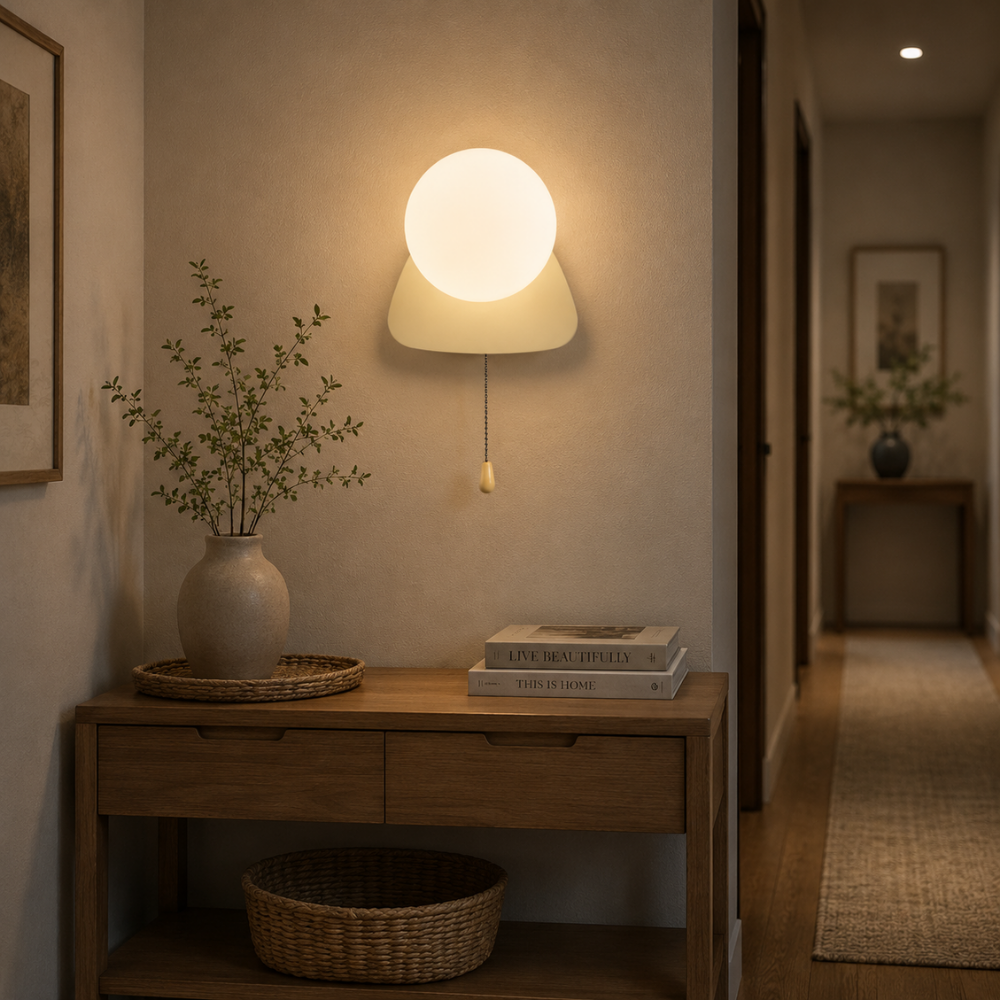 Nowoczesna minimalistyczna kinkietowa lampa kulista z przełącznikiem pociągowym