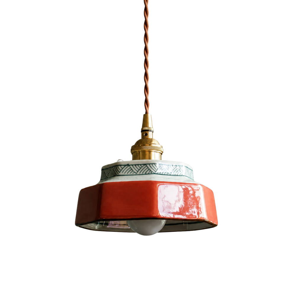 Retro ceramiczna lampa wisząca z miedzianymi akcentami