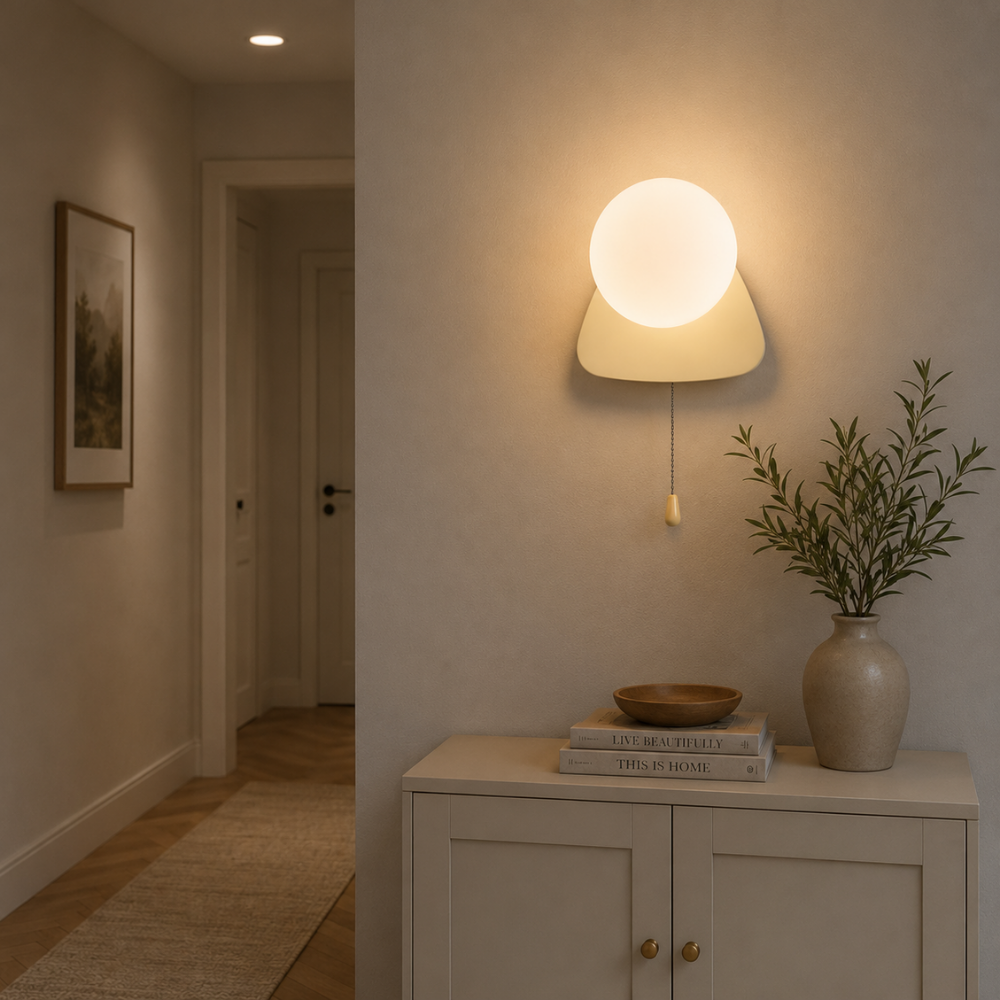 Nowoczesna minimalistyczna kinkietowa lampa kulista z przełącznikiem pociągowym