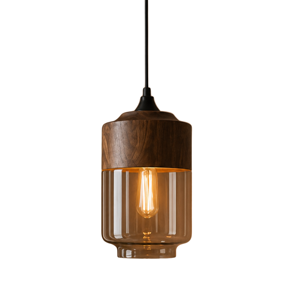 Lampa wisząca z drewna i szkła w stylu skandynawskim