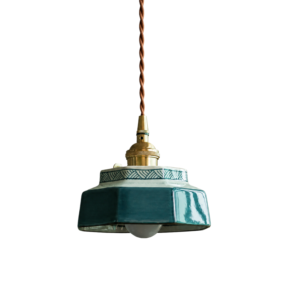Retro ceramiczna lampa wisząca z miedzianymi akcentami