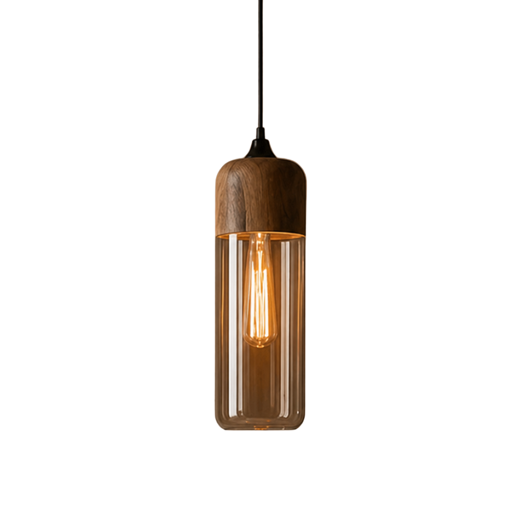 Lampa wisząca z drewna i szkła w stylu skandynawskim
