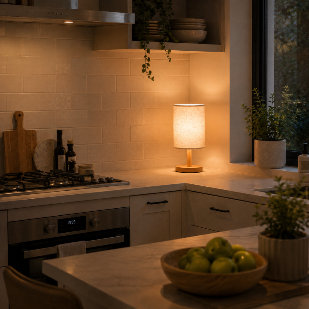 Nowoczesna minimalistyczna lampa stołowa z tkaniny