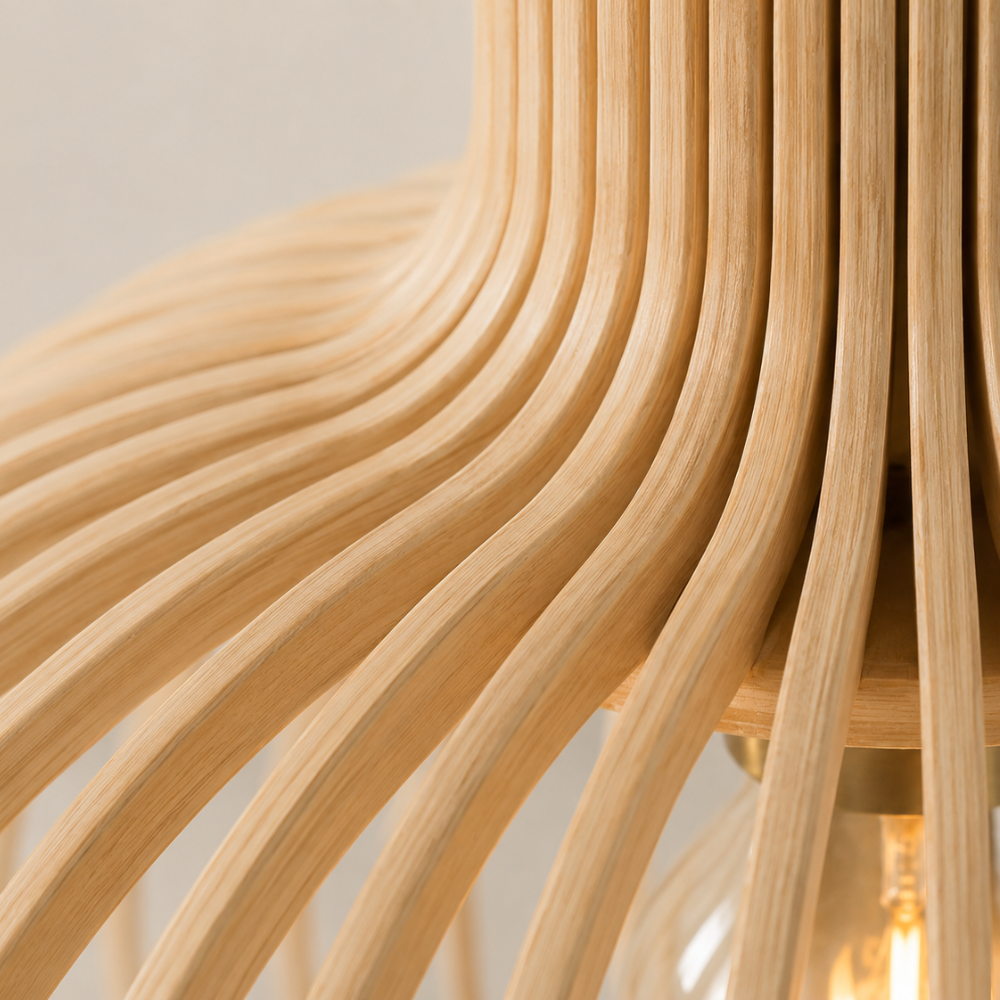 Elegancka drewniana lampa wisząca z listwami