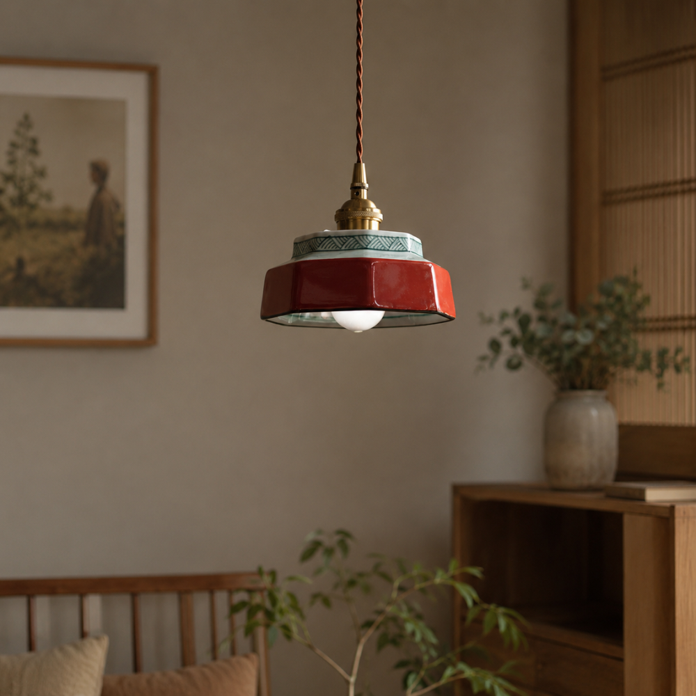 Retro ceramiczna lampa wisząca z miedzianymi akcentami