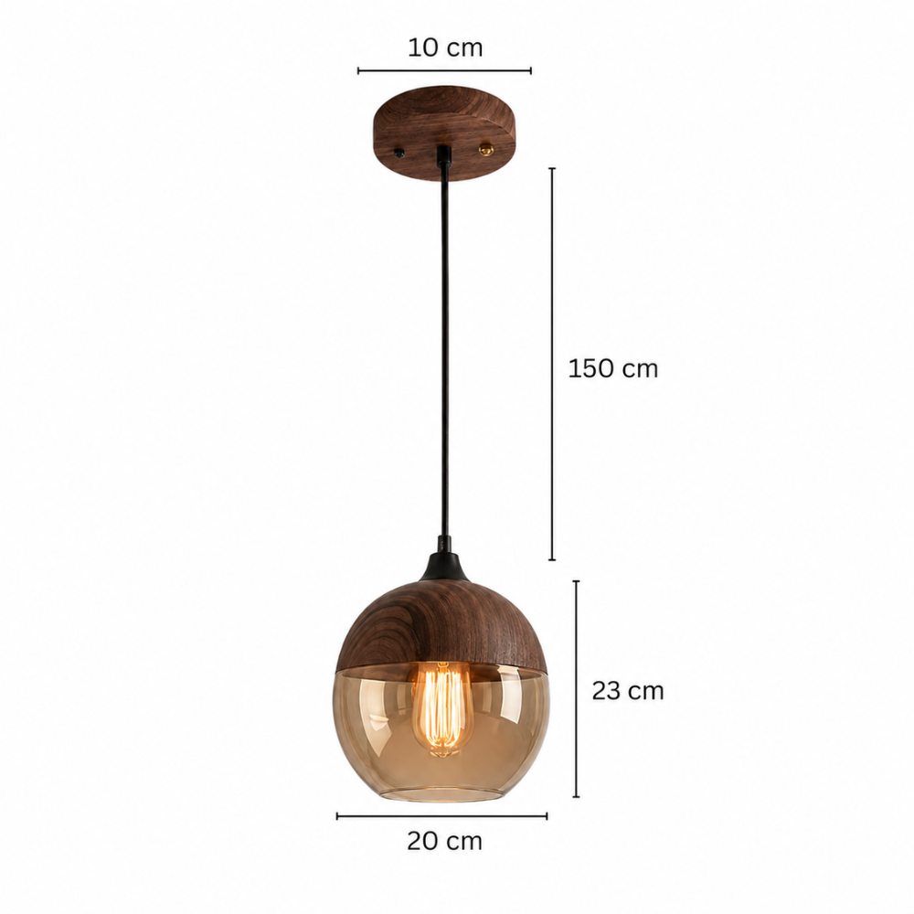 Lampa wisząca z drewna i szkła w stylu skandynawskim