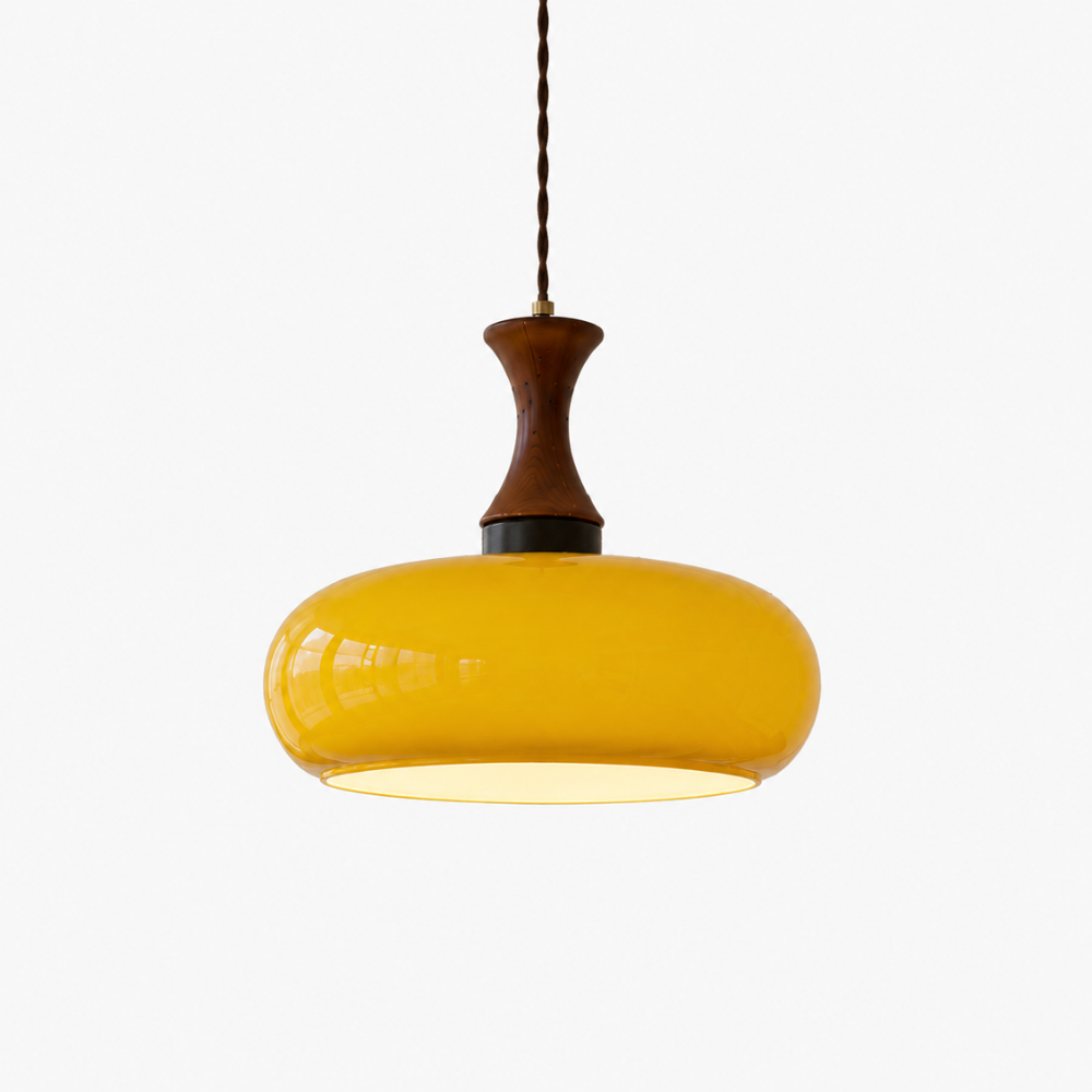 Nowoczesna drewniana lampa sufitowa z bursztynowym kloszem