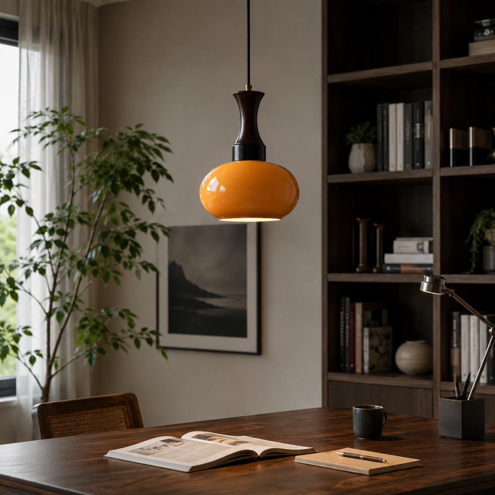 Nowoczesna drewniana lampa sufitowa z bursztynowym kloszem