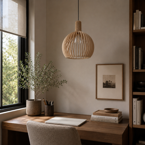 Elegancka drewniana lampa wisząca z listwami