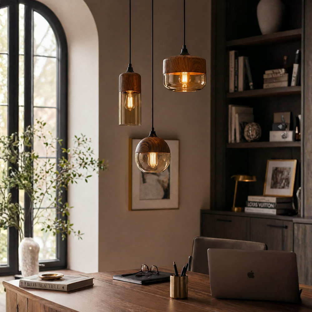 Lampa wisząca z drewna i szkła w stylu skandynawskim