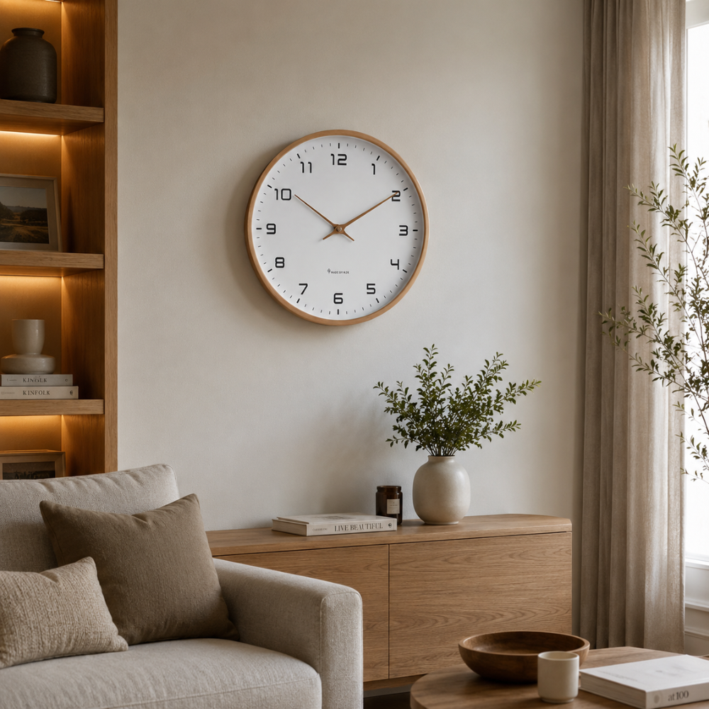 Minimalistyczny skandynawski drewniany zegar ścienny