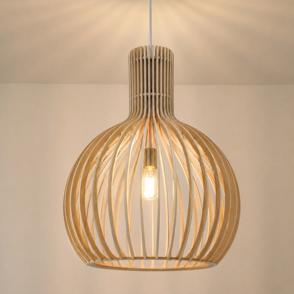 Elegancka drewniana lampa wisząca z listwami
