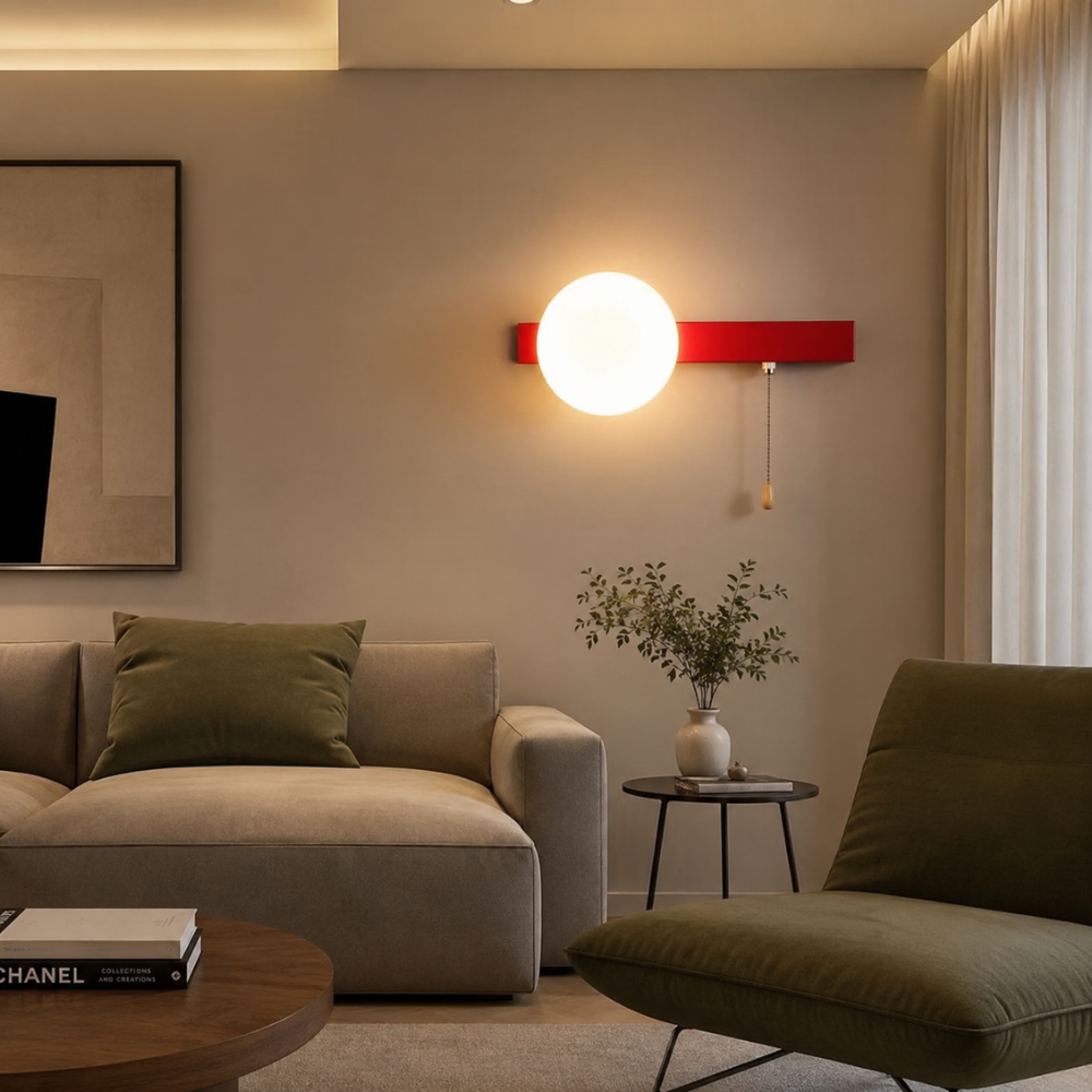 Nowoczesna minimalistyczna kinkietowa lampa kulista z przełącznikiem pociągowym