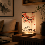 Retro drewniana lampa stołowa z motywem krajobrazu