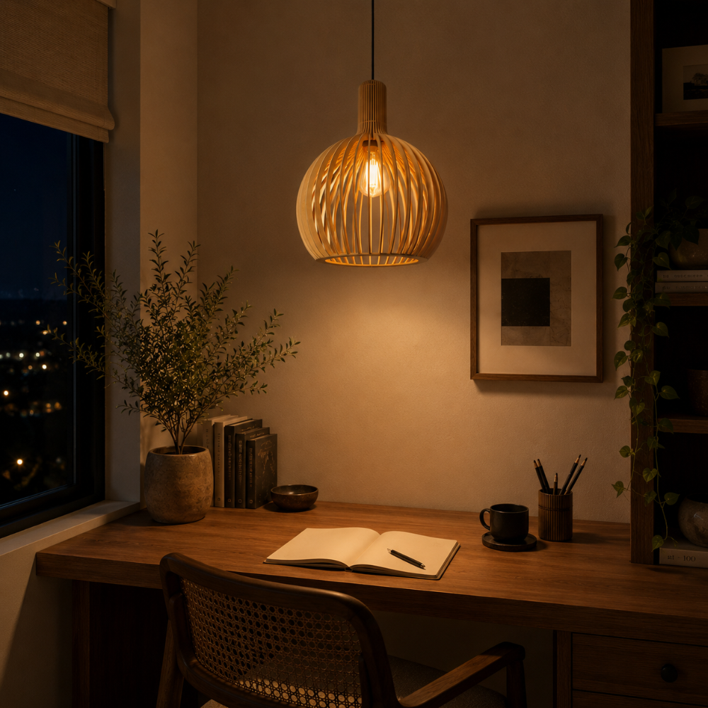 Elegancka drewniana lampa wisząca z listwami