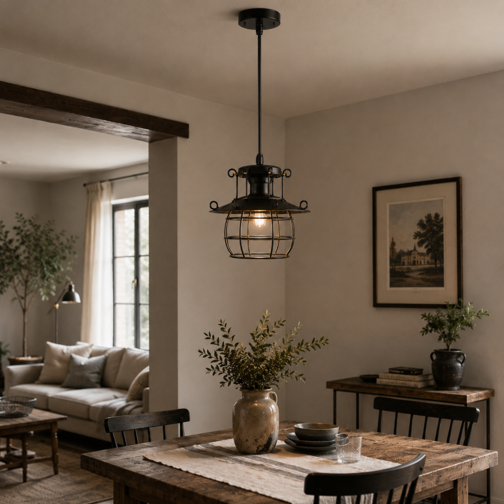 Przemysłowa lampa wisząca w stylu retro z otwartą ramą