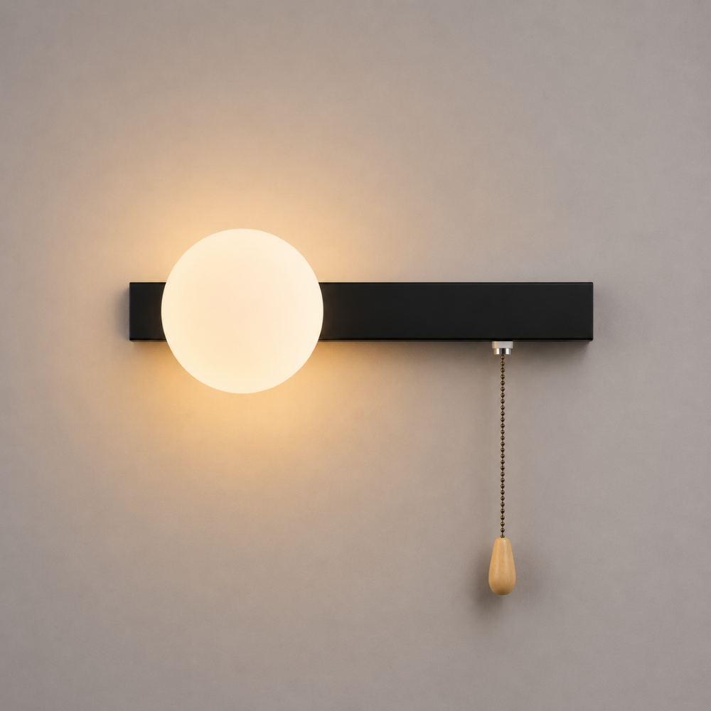 Nowoczesna minimalistyczna kinkietowa lampa kulista z przełącznikiem pociągowym