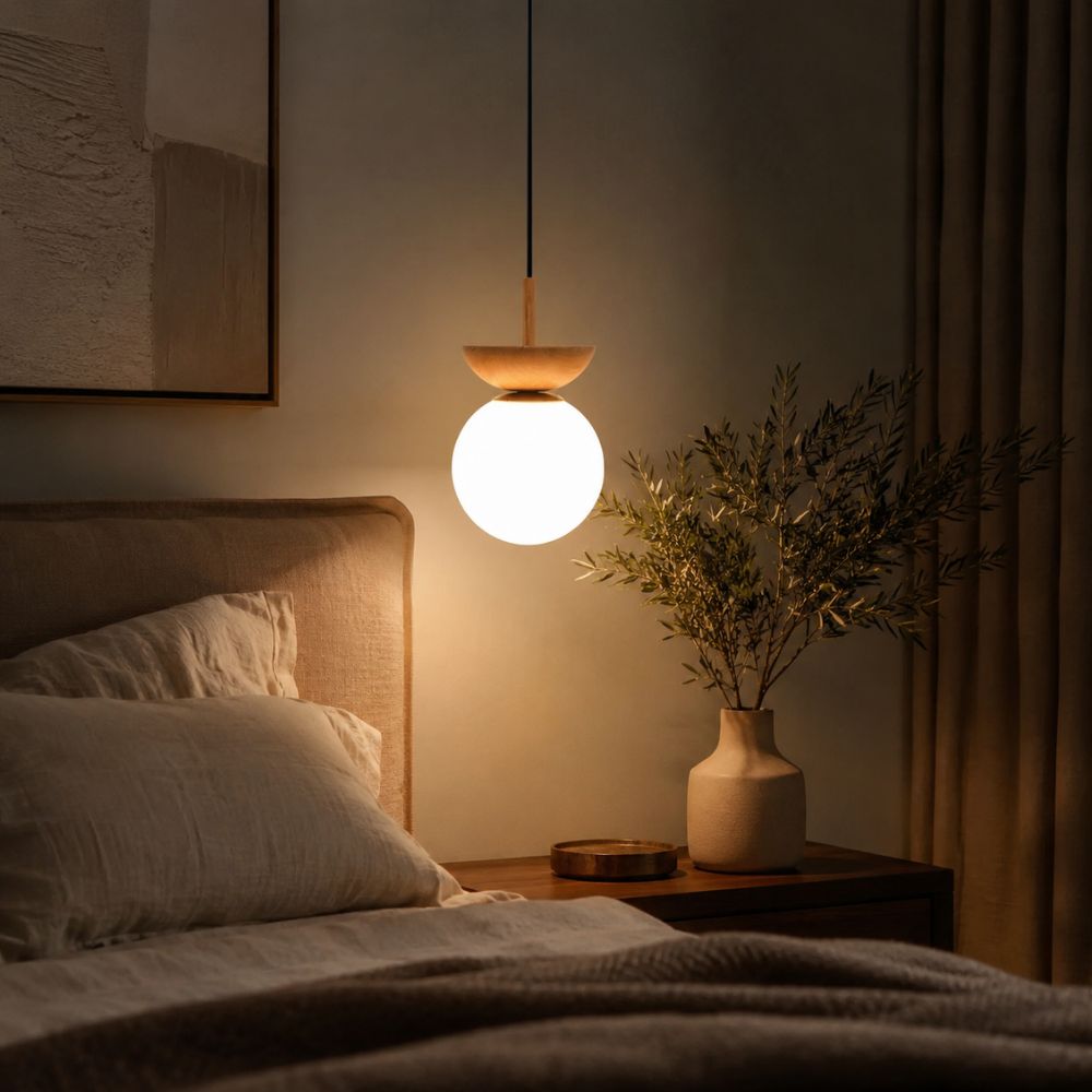 Nordycka szklana lampa wisząca kula z drewnianym detalem