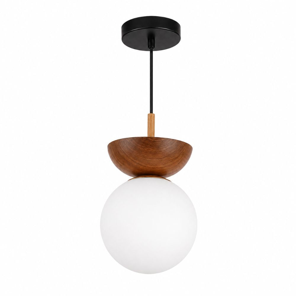 Nordycka szklana lampa wisząca kula z drewnianym detalem