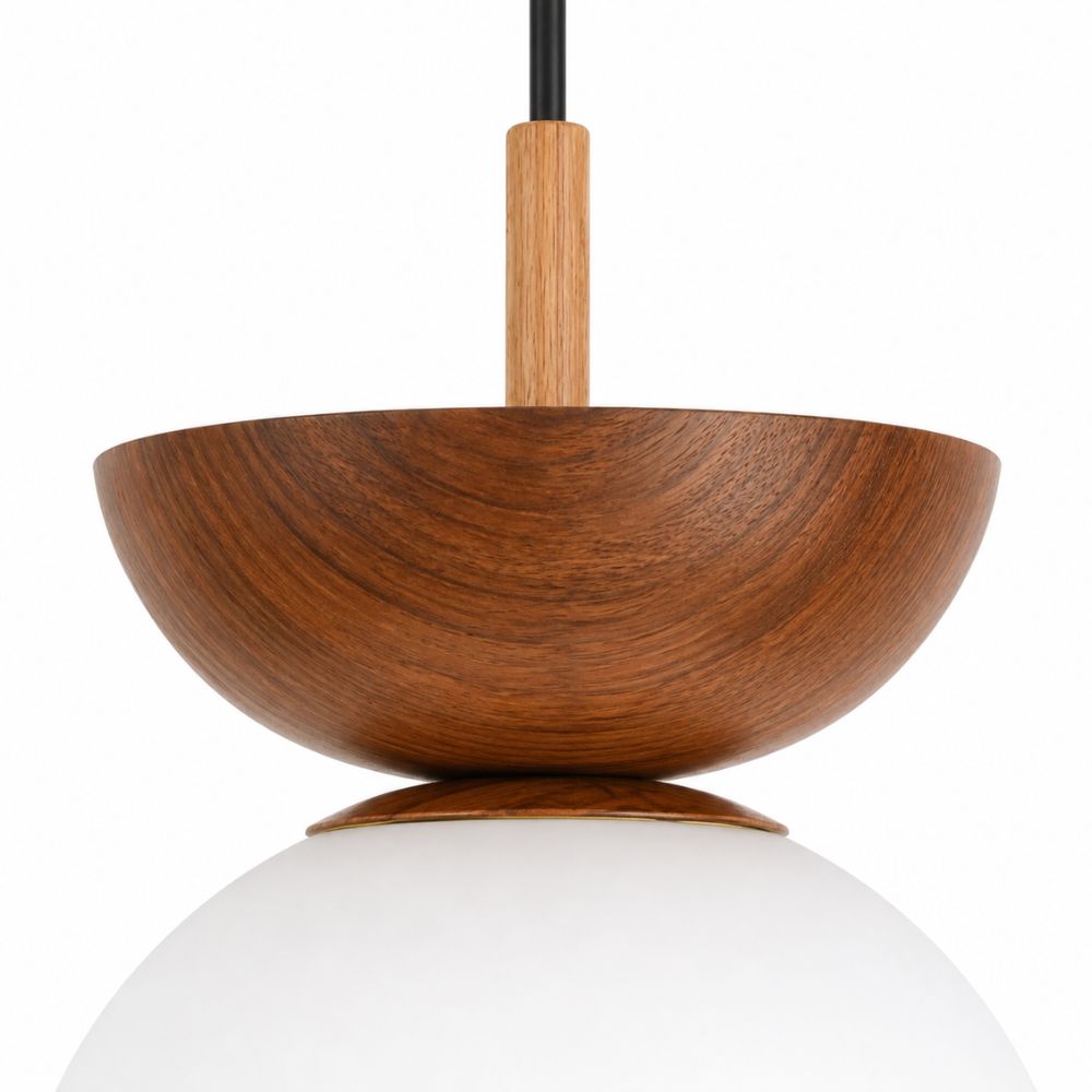 Nordycka szklana lampa wisząca kula z drewnianym detalem