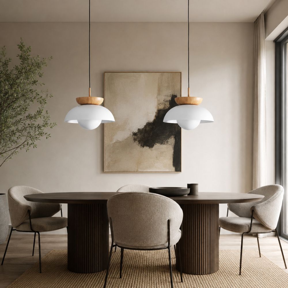 Nordycka lampa wisząca E27 z detalem w odcieniu drewna