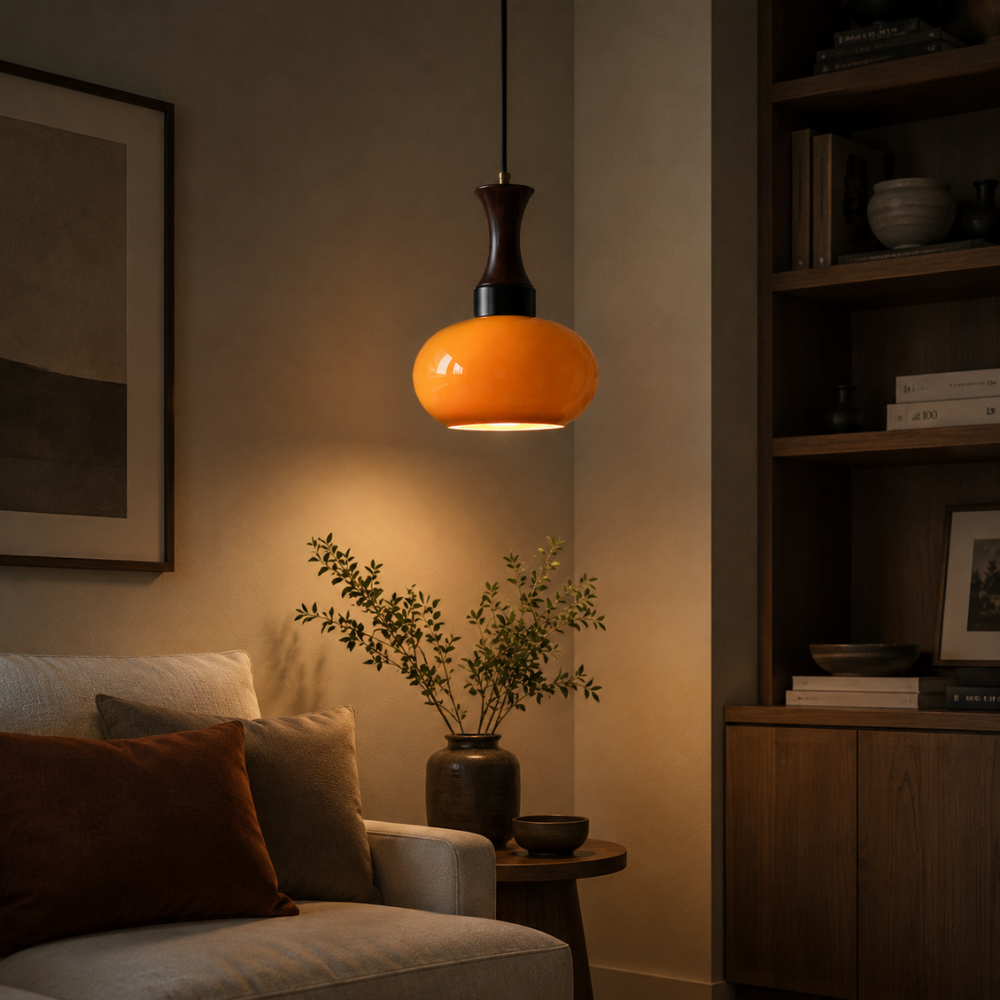 Nowoczesna drewniana lampa sufitowa z bursztynowym kloszem