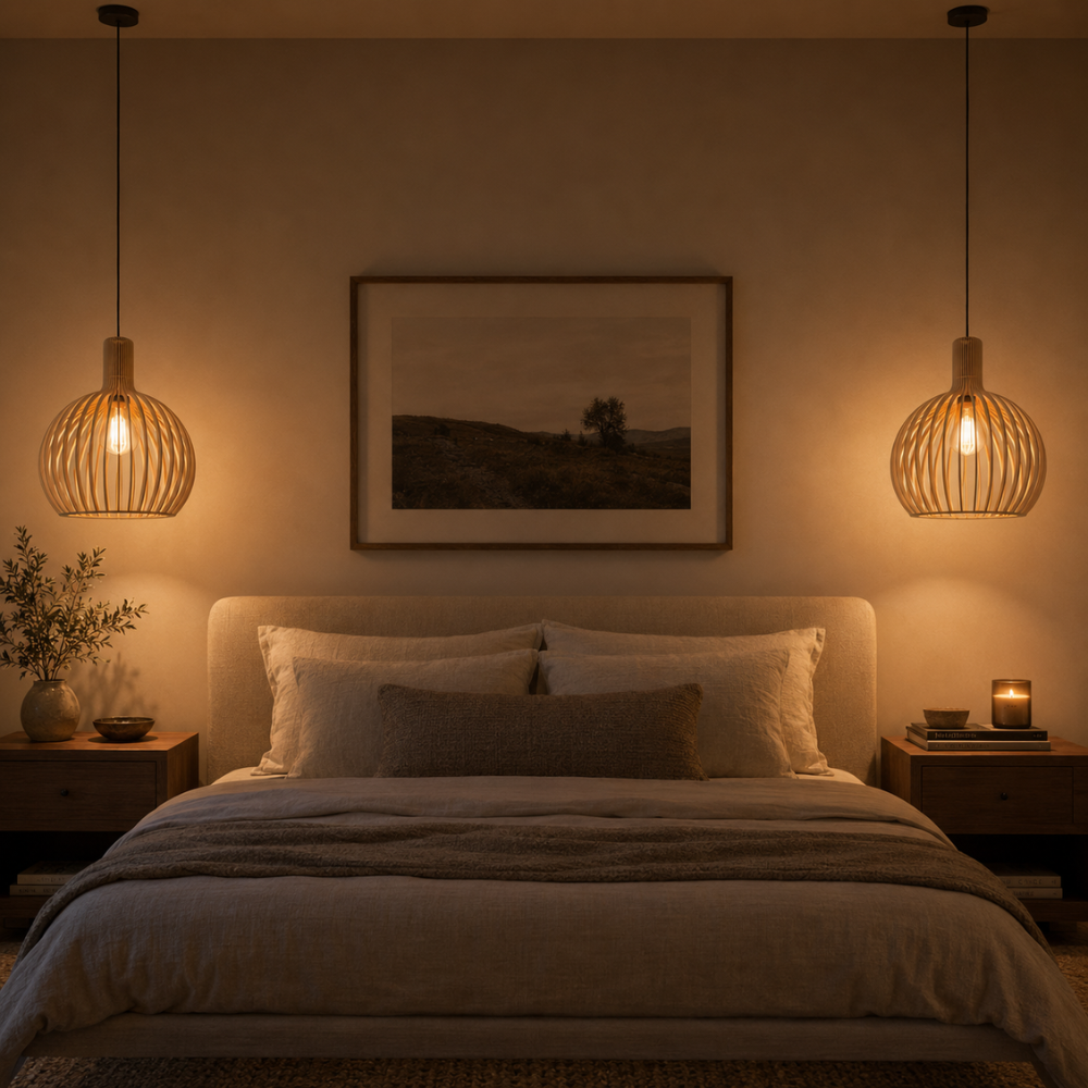 Elegancka drewniana lampa wisząca z listwami