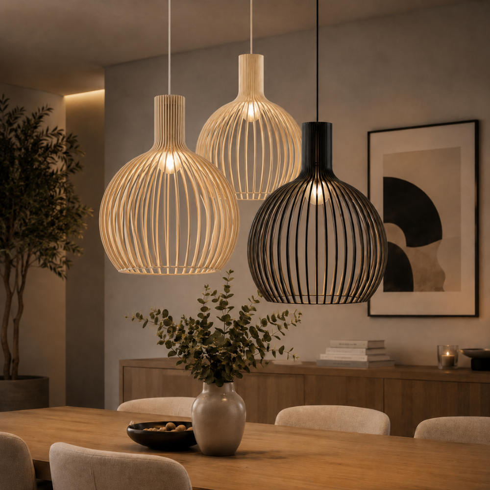 Elegancka drewniana lampa wisząca z listwami