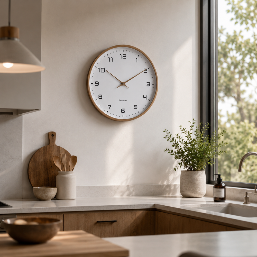 Minimalistyczny skandynawski drewniany zegar ścienny