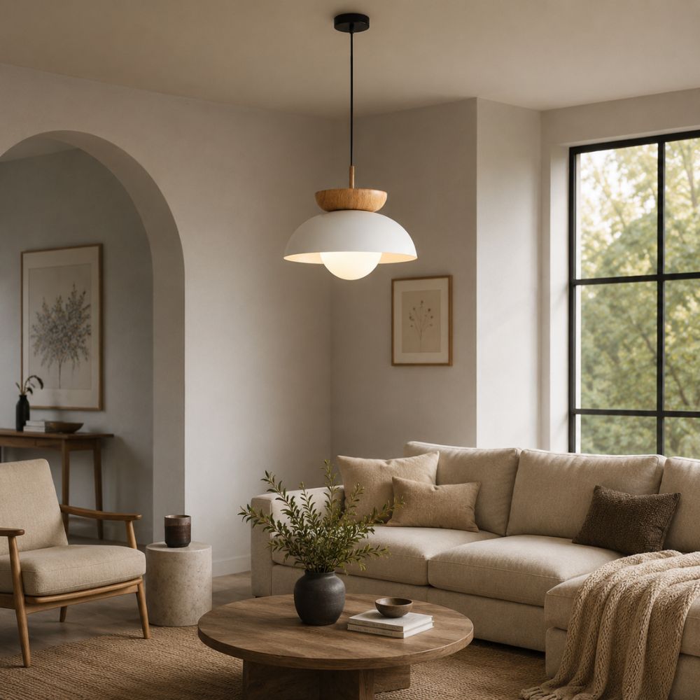 Nordycka lampa wisząca E27 z detalem w odcieniu drewna