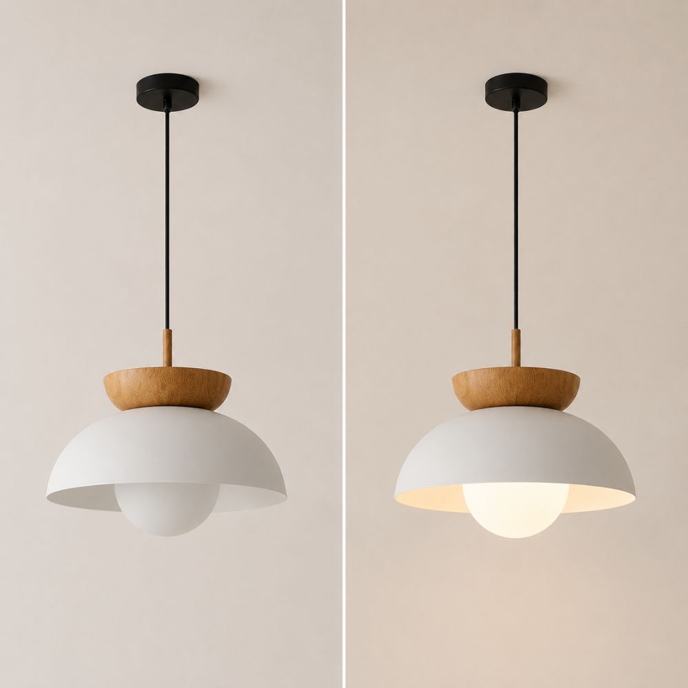Nordycka lampa wisząca E27 z detalem w odcieniu drewna