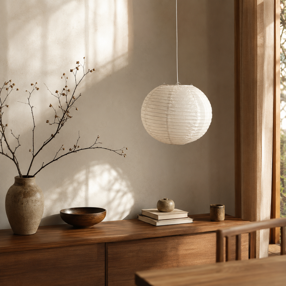 Lampa wisząca wabi-sabi z papierowym kloszem i oprawką E27