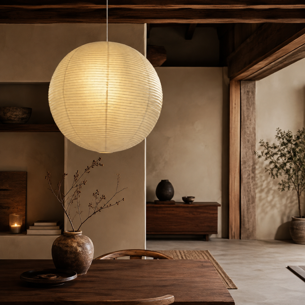 Lampa wisząca wabi-sabi z papierowym kloszem i oprawką E27