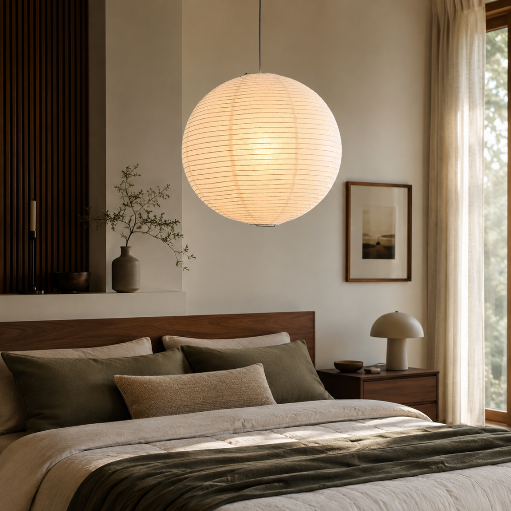 Lampa wisząca wabi-sabi z papierowym kloszem i oprawką E27