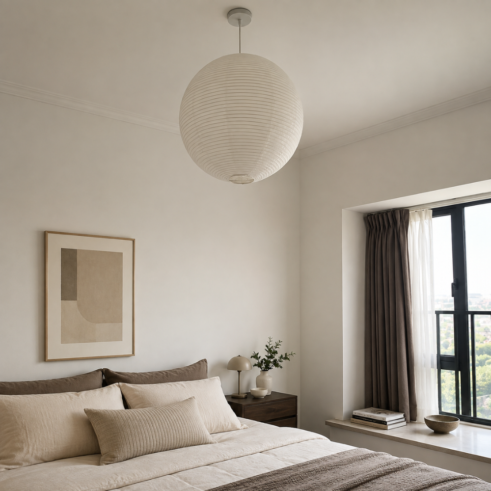 Lampa wisząca wabi-sabi z papierowym kloszem i oprawką E27