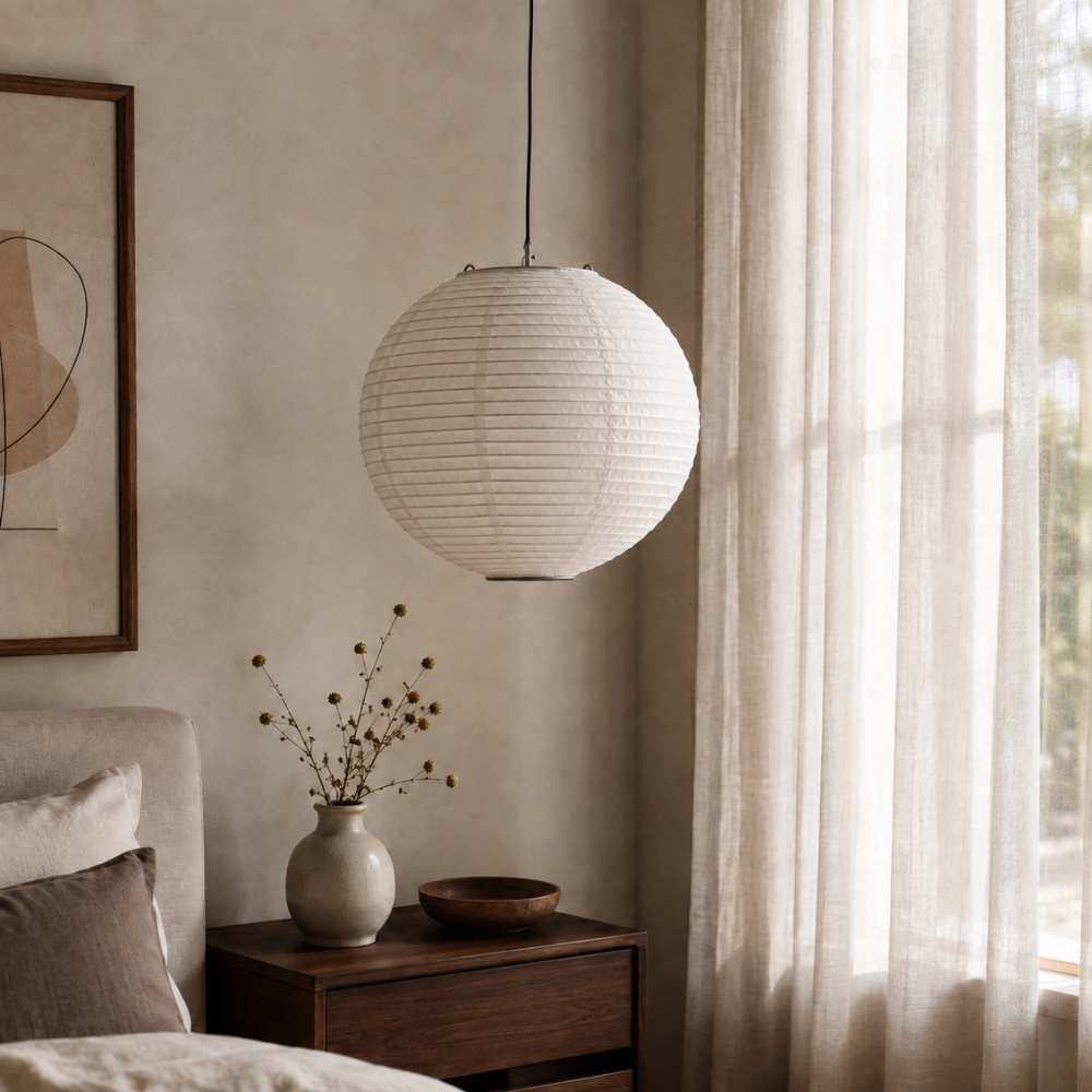 Lampa wisząca wabi-sabi z papierowym kloszem i oprawką E27