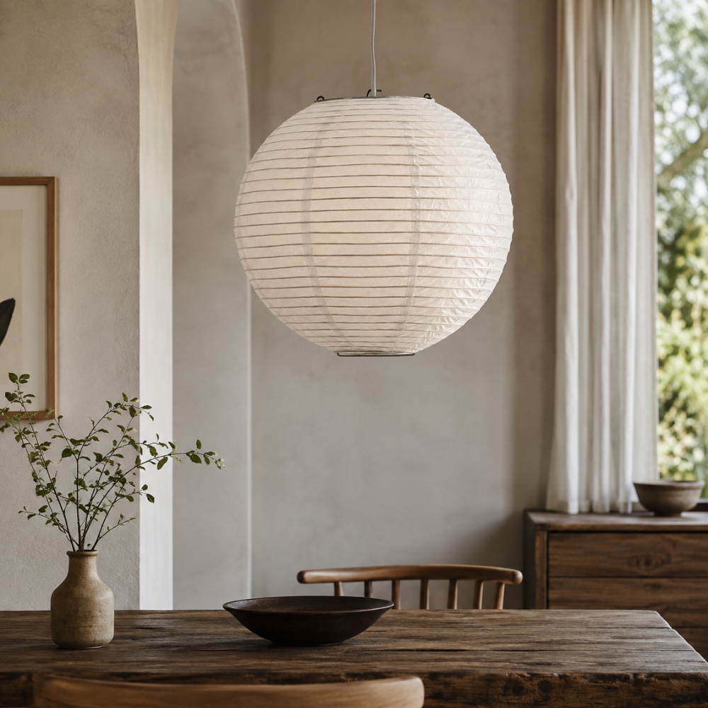 Lampa wisząca wabi-sabi z papierowym kloszem i oprawką E27