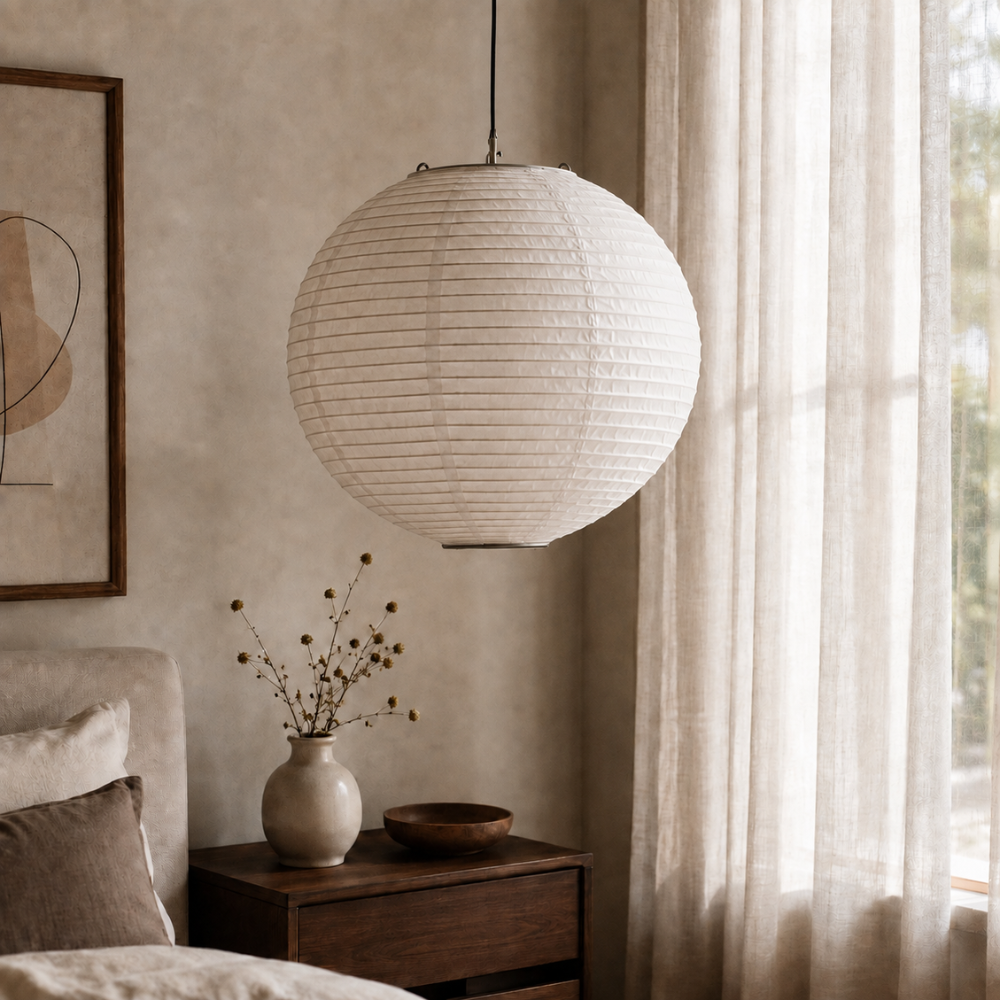 Lampa wisząca wabi-sabi z papierowym kloszem i oprawką E27