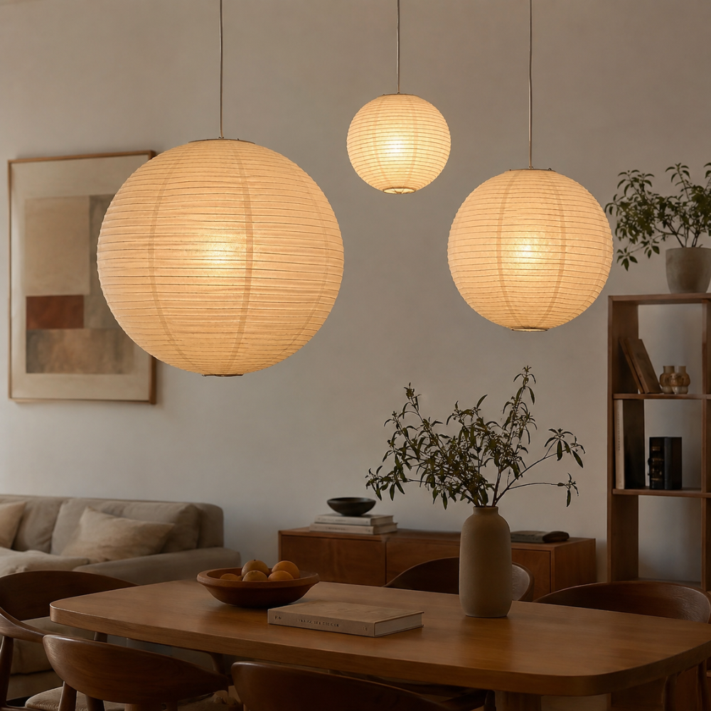 Lampa wisząca wabi-sabi z papierowym kloszem i oprawką E27