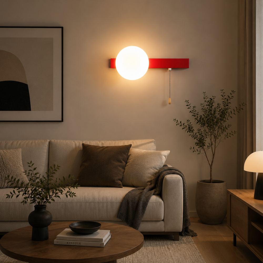 Nowoczesna minimalistyczna kinkietowa lampa kulista z przełącznikiem pociągowym