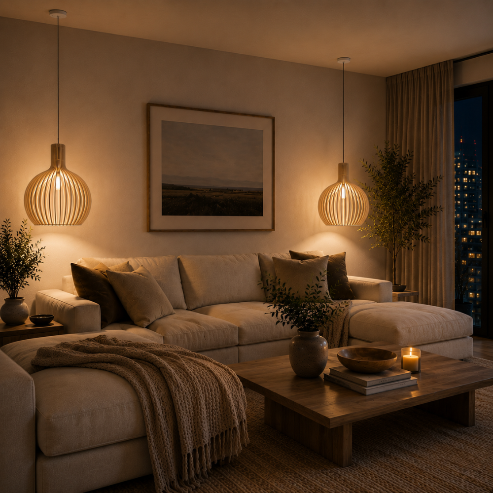 Elegancka drewniana lampa wisząca z listwami