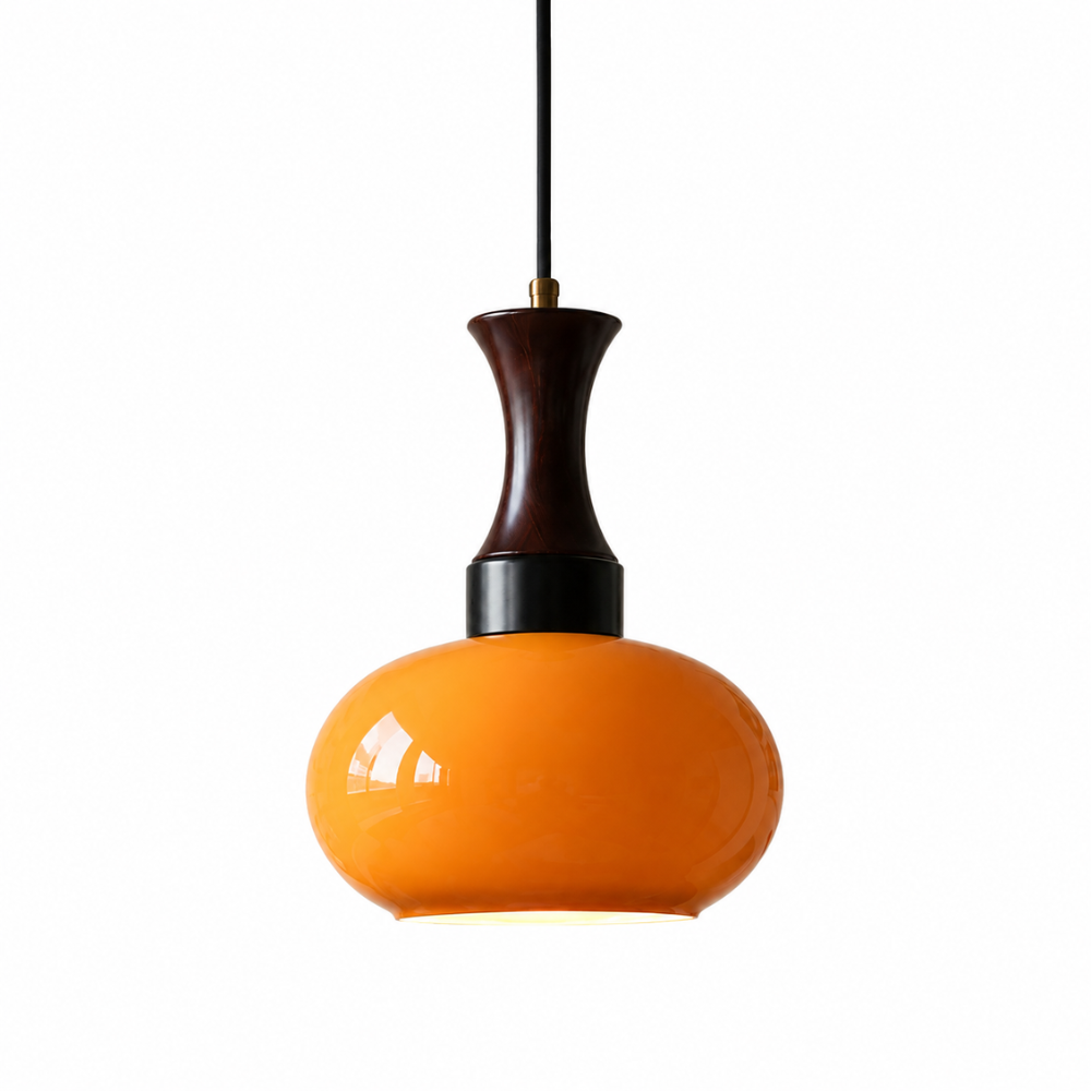 Nowoczesna drewniana lampa sufitowa z bursztynowym kloszem
