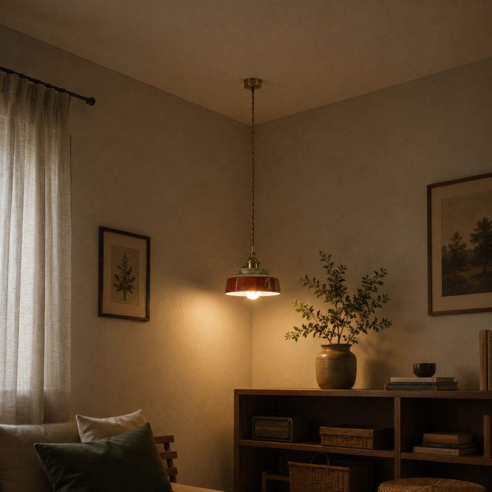 Retro ceramiczna lampa wisząca z miedzianymi akcentami