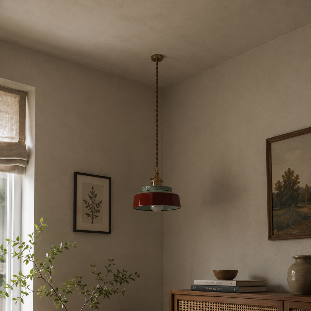 Retro ceramiczna lampa wisząca z miedzianymi akcentami
