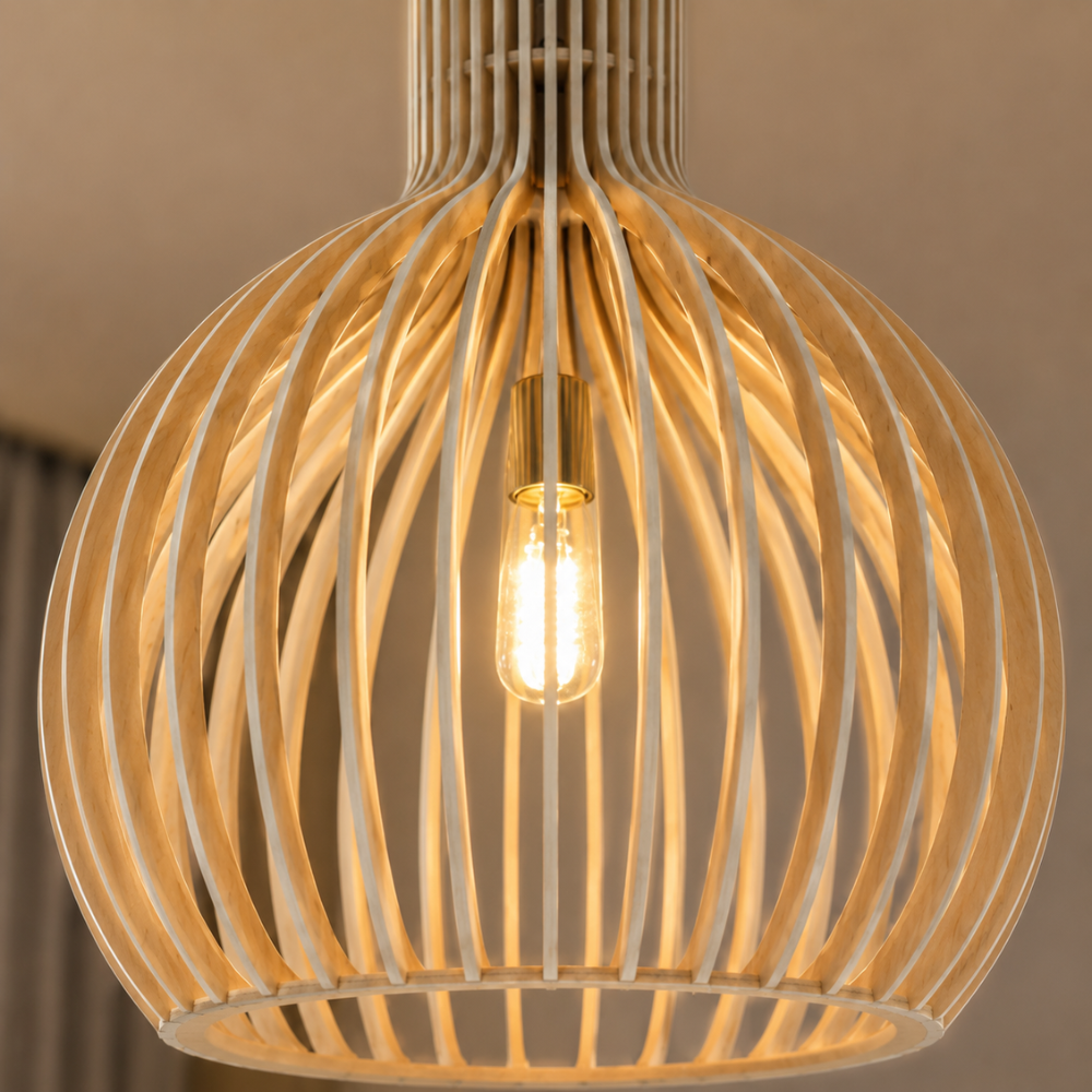 Elegancka drewniana lampa wisząca z listwami